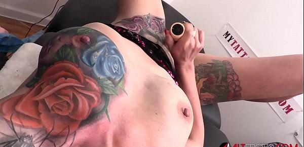  Busty Marie Bossette masturbates while getting a tattoo